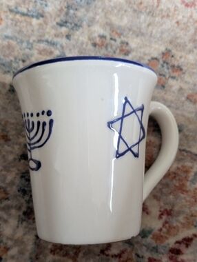 White Ceramic Mug with Blue Jewish Star and Menorah Design